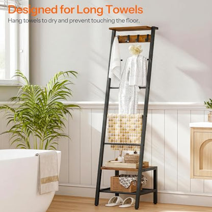 HOOBRO Blanket Ladder, 7-Tier Giraffe Shape Towel Rack for Living Room and Bedroom, 63.4" H Decorative Ladder Shelf with Hooks, Metal Frame, Industrial Style, Rustic Brown and Black BF13CJ01