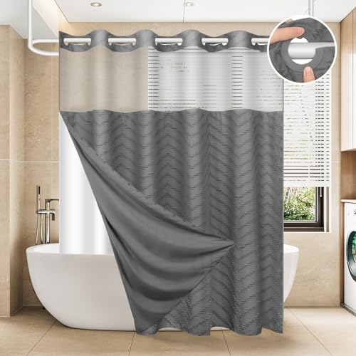 FADOTY Grey No Hook Shower Curtain Set with Snap in Liner, 71'' x 74'' | Bathroom Hotel Fabric Curtain, Waterproof Washable Liner, See Through Top Window, Ringless Chevron Tufted Cloth Curtain - color: Grey, size: 71"W x 74"L (Pack of 1)