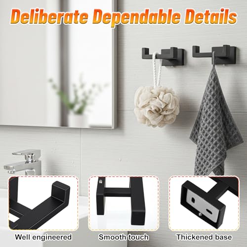 3 Pcs Angle Simple Double Towel Hook, Stainless Steel Shower Double Robe Coat Hooks for Wall, Hand Towel Holder for Bathroom Wall Livingroom Bedroom Kitchen Closet (Black)
