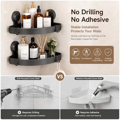 2 Pack Corner Shower Caddy, No Drill Aluminum Suction Cup Shelves | Rustproof triangle shelves use suction cups for no-drill, damage-free storage of shampoo and shower essentials