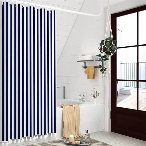 AOFOTO Navy Blue and White Stripe Shower Curtain Farmhouse Style Striped Line Bathroom Curtains Waterproof Fabric Machine Washable with 12 Hooks Modern Fashion Simple Bathroom Curtain 70x70 Inch - color: Navy Blue, size: 70"W x 70"L (Pack of 1)