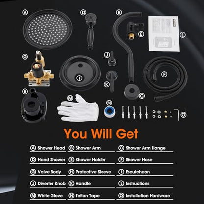Rainfall Shower System Shower Faucet Set, Luxury, Antique, Matte Black | 9 Inch Shower Head and Handheld Spray, Pressure Balance Valve, Wall Mounted, Bathroom, Shower Trim Kit - color: Matte Black, style: With Handheld