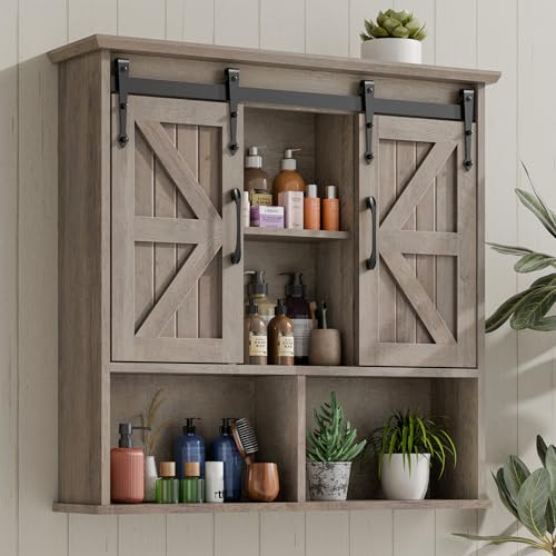 Vabches Bathroom Wall Cabinet, Farmhouse Medicine Cabinet, Washed Oak | Vabches Wooden Vintage Storage Cabinet Wall Mounted with Double Sliding Barn Door and Adjustable Shelf for Bathroom, Kitchen - color: Washed Oak, style: Sliding Doors