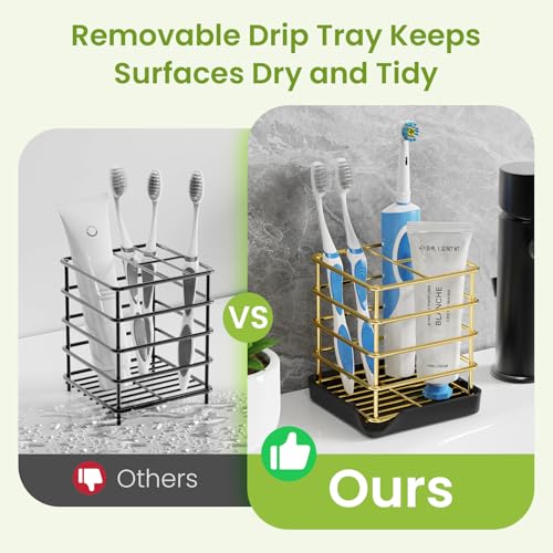 Toothbrush Holders for Bathroom,Gold,Stainless Steel,Detachable,Tray,3 Slot | Easy to Clean,Multifunctional,Kids Electric Toothbrush Organizer,Drainage,Removable,For Bathroom,Vanity,Kitchen Sink,Office - size: Gold
