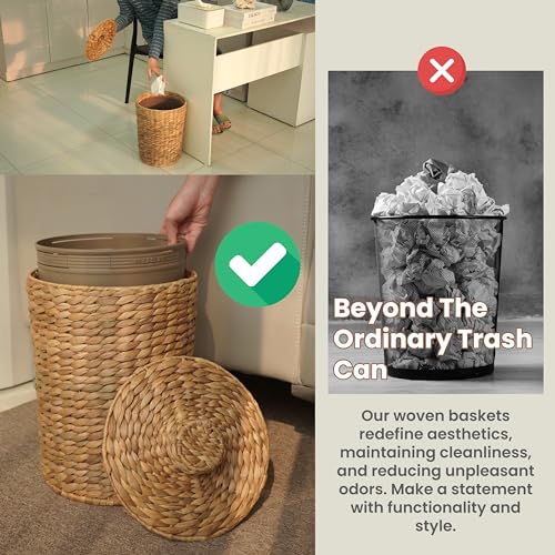 Tidita Wicker Waste Basket with Lid, 4 Gallon Water Hyacinth Trash Can | Iron Frame, Removable Liner, Handwoven Design, Space-Saving, No Assembly, Boho Style, Multi-Purpose Storage, Bedroom & Office - color: Natural, size: 4 Gallons