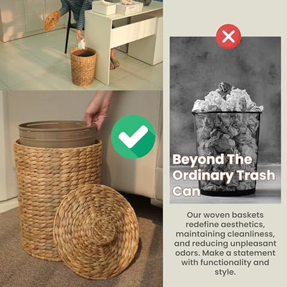 Tidita Wicker Waste Basket with Lid, 4 Gallon Water Hyacinth Trash Can | Iron Frame, Removable Liner, Handwoven Design, Space-Saving, No Assembly, Boho Style, Multi-Purpose Storage, Bedroom & Office - color: Natural, size: 4 Gallons