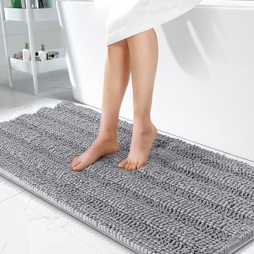 OLANLY Thick Bathroom Runner Rugs 47x24, Soft Chenille Long Bath Rugs, Grey | Absorbent Striped, Rubber Backing, Machine Wash, Bath Mats for Bathroom Floor, Tub and Shower, Home Decor Accessories - color: Grey, size: 47" X 24"
