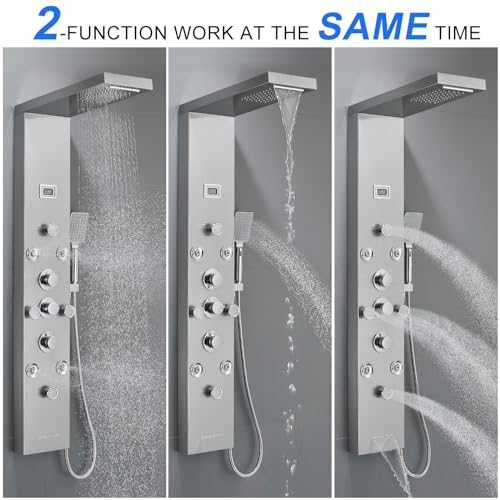 POPFLY LED Rainfall Waterfall Shower Panel Tower System, 4 Body Jets and 4 Mist Spray, 3-Function Handheld Shower, 304 Stainless Steel Shower Tower with Temp Display, Brushed - color: 8 Jets-brushed