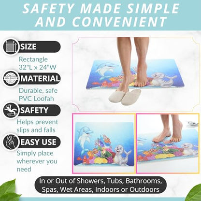 Enkosi Loofah Non-Slip Shower Mat - Shower Floors, Bathtub, Bathrooms, Wet Areas - Cushioned Bath Mat with Drain Holes - Quick Dry PVC, Secure Safety Pad Without Suction Cups (32x24 Dolphin) - color: Kids Dolphin, size: 32" x 24" (Rectangular)