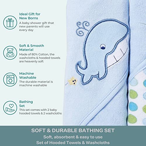 Spasilk Bath Hooded Towels & Washcloths Set for Babies, 2 Hooded Terry Bath Towels & 2 Washcloths, Blue Whale - color: Blue Whale