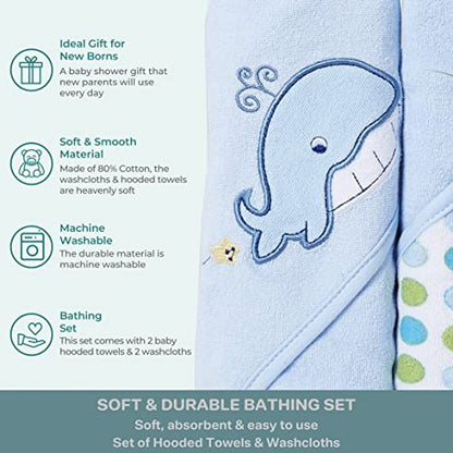 Spasilk Bath Hooded Towels & Washcloths Set for Babies, 2 Hooded Terry Bath Towels & 2 Washcloths, Blue Whale - color: Blue Whale