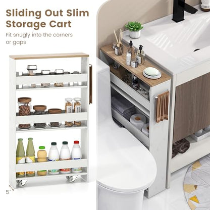 COSTWAY Slim 4-Tier Rolling Utility Cart, Wooden Shelving Unit with Handle & Wheels, Ideal for Small Spaces - color: White