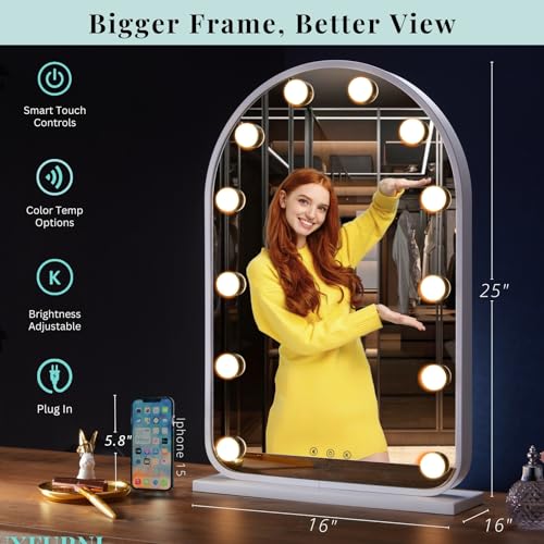 LUXFURNI Vanity Mirror with Lights, 24.5" Arched Hollywood Makeup Mirror | 12 LED Lights, 3 Color Modes, Touch Memory Control, Arched Frame No‑Bend Full‑Face View, HD Anti‑Glare Rust‑Resistant Glass