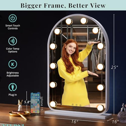 LUXFURNI Vanity Mirror with Lights, 24.5" Arched Hollywood Makeup Mirror | 12 LED Lights, 3 Color Modes, Touch Memory Control, Arched Frame No‑Bend Full‑Face View, HD Anti‑Glare Rust‑Resistant Glass