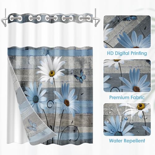 No Hook Shower Curtain with Snap in Liner 54x80 Inch Floral Blue | Farmhouse Rustic Butterfly Modern Double Layers Waterproof Fabric with See Through Top Window Open Grommet Bath Curtain - color: Blue Daisy 3, size: 54"W x 80"L (Pack of 1)