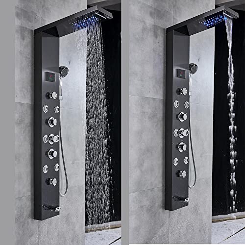 LED Light Shower Panel Tower Rainfall Waterfall Shower Head with Massager Jets Body System Jet