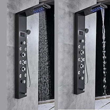 LED Light Shower Panel Tower Rainfall Waterfall Shower Head with Massager Jets Body System Jet