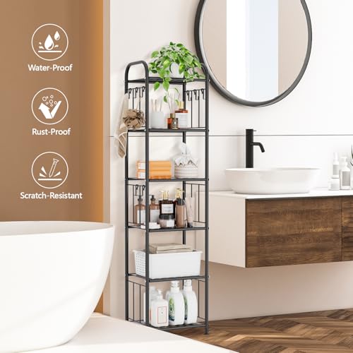 PouHenier.jh Tall Metal Narrow Skinny Shelf Unit for Bathroom, 6 Tier Black | Free Standing, Thin Shelving for Pantry or Kitchen, Slim Open Tower Rack, with 10 Hooks, Space Saving, No Tools Assembly
