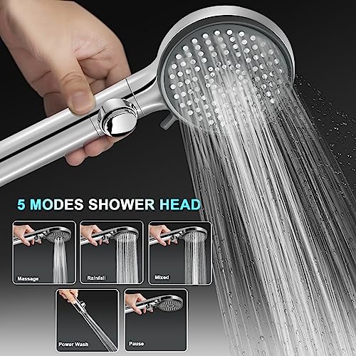 RV Shower Head with Hose, High Pressure 5 Mode Shower head Replacement, Showerheads for RV/Campers, Travel Trailer, Motorhome for Water Saving, Handheld Shower Head Holder and Hose, On Off Switch - color: Premium Chrome