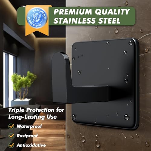 Auxmir Self Adhesive Towel Hooks, 5 Pack Stainless Steel Hooks 15 lb, Black | 15 lb max capacity, heavy-duty no-drill wall hooks, waterproof and rust-resistant, for bathrooms, showers, kitchens and RVs - color: Black-Square