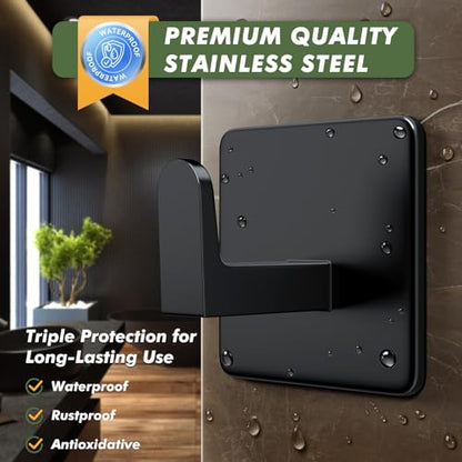 Auxmir Self Adhesive Towel Hooks, 5 Pack Stainless Steel Hooks 15 lb, Black | 15 lb max capacity, heavy-duty no-drill wall hooks, waterproof and rust-resistant, for bathrooms, showers, kitchens and RVs - color: Black-Square