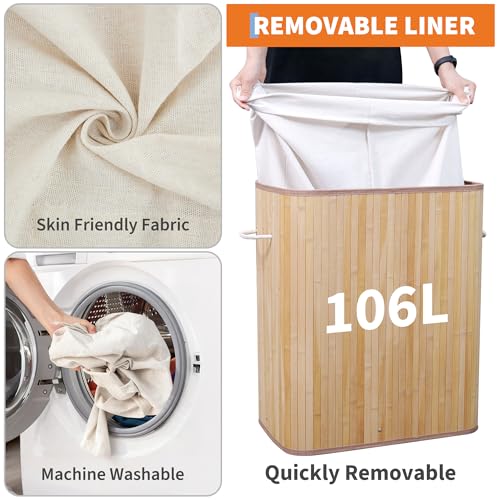 GarveeHome Folding Bamboo Laundry Hamper with Lid, 28 Gal / 106L Wooden Laundry Basket with Washable Liner Bag, Slim Clothes Storage Hamper for Small Bedrooms Apartments Dorms, Natural - color: Carbonized - Rectangle