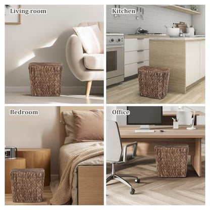 Wicker Trash Can with Lid and Liner, Handwoven Wicker Waste Basket, Water Hyacinth Bathroom Trash Can, Boho Rattan Garbage Wastebasket for Bedroom Home Living Room Office, 2.5 Gallon, Espresso - color: Espresso
