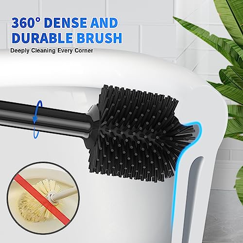 LOVLOY Toilet Plunger and Brush, Silicone Bowl Brush and Heavy Duty Toilet Plunger Set with Ventilated Holder, 2-in-1 Toilet Brush and Plunger Combo for 5.3-inch Toilet Drain Bathroom Cleaning - color: Black