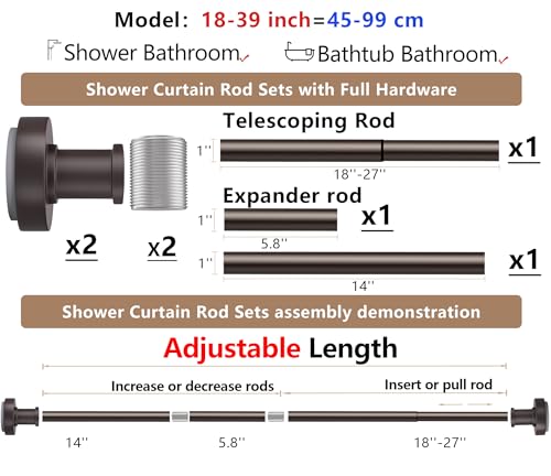 Oil Rubbed Bronze Tension Shower Curtain Rod – Adjustable 18-39 Inches, Fits 20-38 Inch Spaces, No Drill Rust Resistant Spring Rod for Bathroom, Kitchen, Bedroom, Balcony - color: Bronze, size: 18-39 inch without hooks