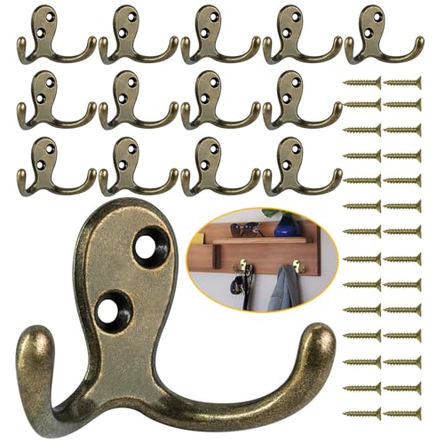 Homanu 14 Pack Coat Hooks, Heavy Duty Double Prong Coat Hooks Wall Mounted with 28 Screws, No Rust Antique Brass Metal Wall Hooks for Hanging Towel, Coat, Bag, Hat, Cup, Key - color: 14 Pcs Antique Brass