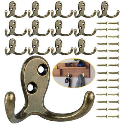 Homanu 14 Pack Coat Hooks, Heavy Duty Double Prong Coat Hooks Wall Mounted with 28 Screws, No Rust Antique Brass Metal Wall Hooks for Hanging Towel, Coat, Bag, Hat, Cup, Key - color: 14 Pcs Antique Brass