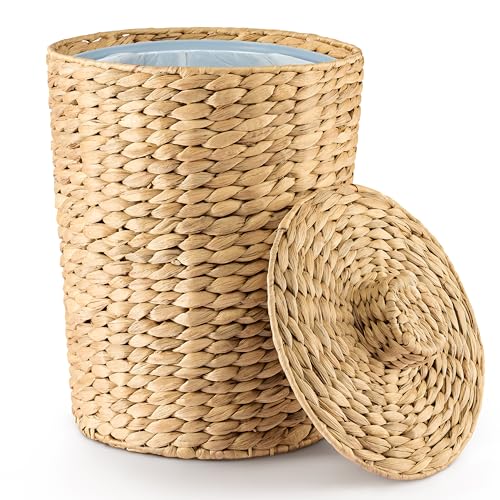 Tidita Wicker Waste Basket with Lid, 4 Gallon Water Hyacinth Trash Can | Iron Frame, Removable Liner, Handwoven Design, Space-Saving, No Assembly, Boho Style, Multi-Purpose Storage, Bedroom & Office - color: Natural, size: 4 Gallons