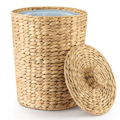 Tidita Wicker Waste Basket with Lid, 4 Gallon Water Hyacinth Trash Can | Iron Frame, Removable Liner, Handwoven Design, Space-Saving, No Assembly, Boho Style, Multi-Purpose Storage, Bedroom & Office - color: Natural, size: 4 Gallons
