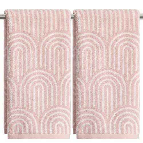 Artoid Mode 2 Pcs Beige Pink Arched Stripes Jacquard Hand Towels for Bathroom, 100% Cotton Soft Absorbent Bathroom Decor Towels, 13.7 x 29.5 Inch - color: Beige/Pink, size: 13.7" x 29.5", 2PCS