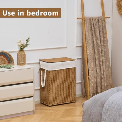 Slim Wicker Laundry Hamper with Lid, 75L Handwoven Rattan Basket with Handles, Narrow Laundry Basket with Removable Liner Bag & 2 Mesh Bags - color: Rattan with Lid, size: 75L