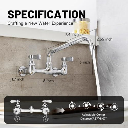 Wall Mount Kitchen Faucet Commercial Sink Faucet with 8 Inch Swivel Spout | Two Handles,8 Inches Center,Gooseneck 360° Rotating Spout,Faucet for Restaurant/Laundry/Utility Sinks,Lead-Free,Chrome Finish - size: 8 Inch