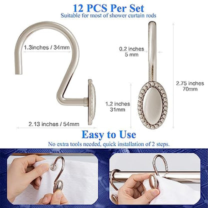 Brushed Nickel Shower Curtain Hooks, 12Pcs Heavy Duty Rustproof | Zinc alloy construction, 5mm wire, 50lb max load, smooth glide, tool-free install, fits standard rods, holds curtain & liner