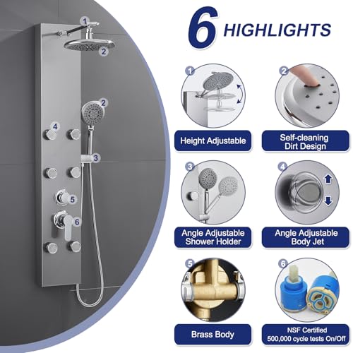 ROVATE Shower Panel Tower System with Adjustable 6 Body Jets, Brushed | Stainless Steel Shower Column with Height Adjustable Shower Arm, Self-Cleaning Rainfall Shower & Handheld, Rough-in Valve - color: Brushed Surface, style: 3-Function