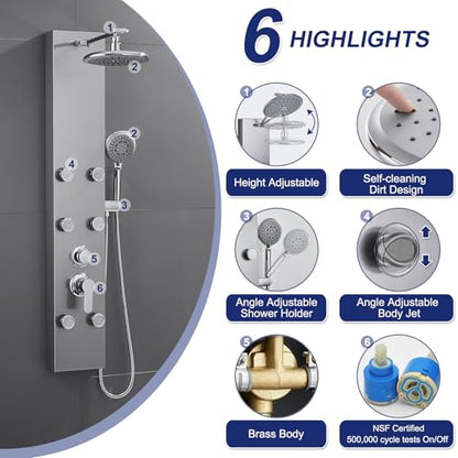 ROVATE Shower Panel Tower System with Adjustable 6 Body Jets, Brushed | Stainless Steel Shower Column with Height Adjustable Shower Arm, Self-Cleaning Rainfall Shower & Handheld, Rough-in Valve - color: Brushed Surface, style: 3-Function