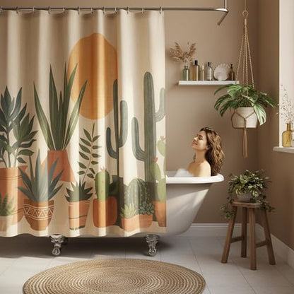 Potted Plant Linen Boho Shower Curtain Set with Liner,72" Wx72 L | Double Layer Shower Curtain Waterproof Fabric with Zippered Removable PEVA Liner,Boho Shower Curtain for Bathroom,Free Hooks - color: Cactus