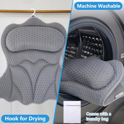 REEZEIVI Bath Pillows for Tub,Thick Neck Back Support Bathtub Cushion,Gray | 4D breathable body-fitting mesh, 6 strong anti-slip suction cups, machine washable & quick drying, durable for all bathtubs - color: Grey