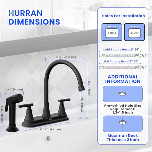 HURRAN 2-Handle Kitchen Faucet with Pull-Out Side Sprayer, 8 Inch High Arch Stainless Steel 360°Rotating Kitchen Sink Faucet, 4 Hole Faucet for Kitchen Bar Rv Camper, Black - color: Black, style: With Side Sprayer
