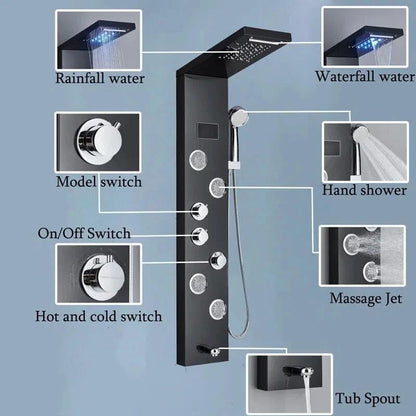 FUZ Matte Black Shower Panel Tower with LED Waterfall Rain Shower Head Digital Temperature Display 4 Body 99D-LFT8011andheld Shower Wand Tub Spout Multi Function Shower System for Bathroom