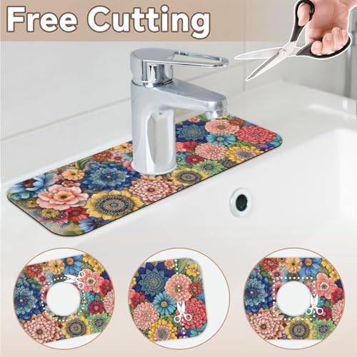 Kitchen Sink Splash Guard Faucet Mat Boho Flowers 1PC Super Absorbent Fast Drying Faucet Guard & Draining Mat Sink Splash Guard Behind Faucet Drip Catcher for Kitchen Bathroom RV (15.4" X 5.7" ) - size: 15.4" X 5.7"-1PC
