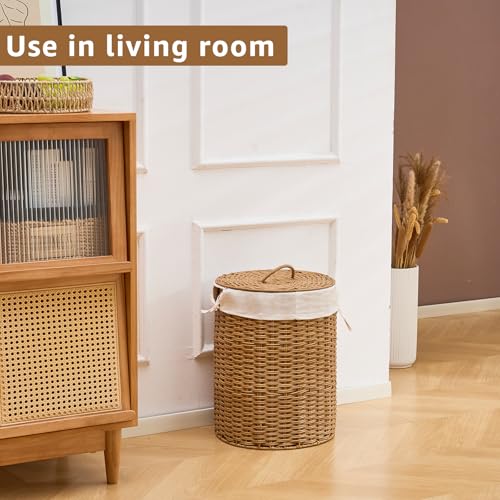 Round Wicker Laundry Hamper with Lid Handwoven Rattan Basket with Handles for Dirty Clothes, 2 Washable Liner Bags, No Assembly Required, Washable Basket, 40L - color: Rattan, size: 40L