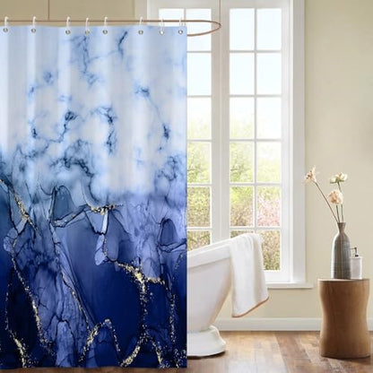 Navy Blue Marble Stall Waterproof Shower Curtain 48x72 inches | RV Small Shower Curtain Set for Bathroom, Abstract Modern, Machine Washable, Easy to Install with Hooks, Ombre White Blue - color: Navy Blue, size: 48"W x 72"L (Pack of 1)