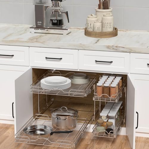 OCG 2 Tier Pull Out Cabinet Organizer (18.5" W x 21" D), Pull Out Drawers for Kitchen Cabinets, Pull Out Shelves for Base Cabinet Organization in Kitchen Bathroom Pantry, Chrome Finish - size: 18.5"W x 21"D, 2 Tier