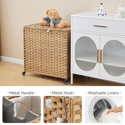 Laundry Hamper with Wheels, 39.6 Gallon(150L) Rolling Laundry Basket with Lid, Removable Large 2 Color Liners & 3 Mesh Laundry Bags, Clothes Hamper with Side Pocket, Natural - color: Natural, size: 23.62"L x 15.75"W x 25.6"H