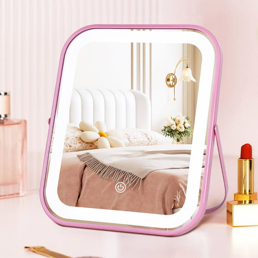 YEKKOPT Pink Rechargeable Vanity Mirror with Lights, LED Makeup Mirror, 10"×8" Lighted Makeup Mirror with Lights, Smart Touch Control Dimmable 3 Modes Light, Lighted Up Mirror for Makeup Desk, Bedroom - color: Pink, size: 10"x8"