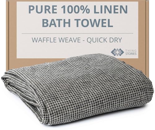 Pure 100% Linen Bath Towel - Quick Dry Towels for Travel Lightweight Waffle Towels for Bathroom 30 x 60-inch - Luxury Black-Natural Thin Hair Towel for Gym or Sauna - Sustainable Bath Sheet - color: Black Natural, size: Bath Towel